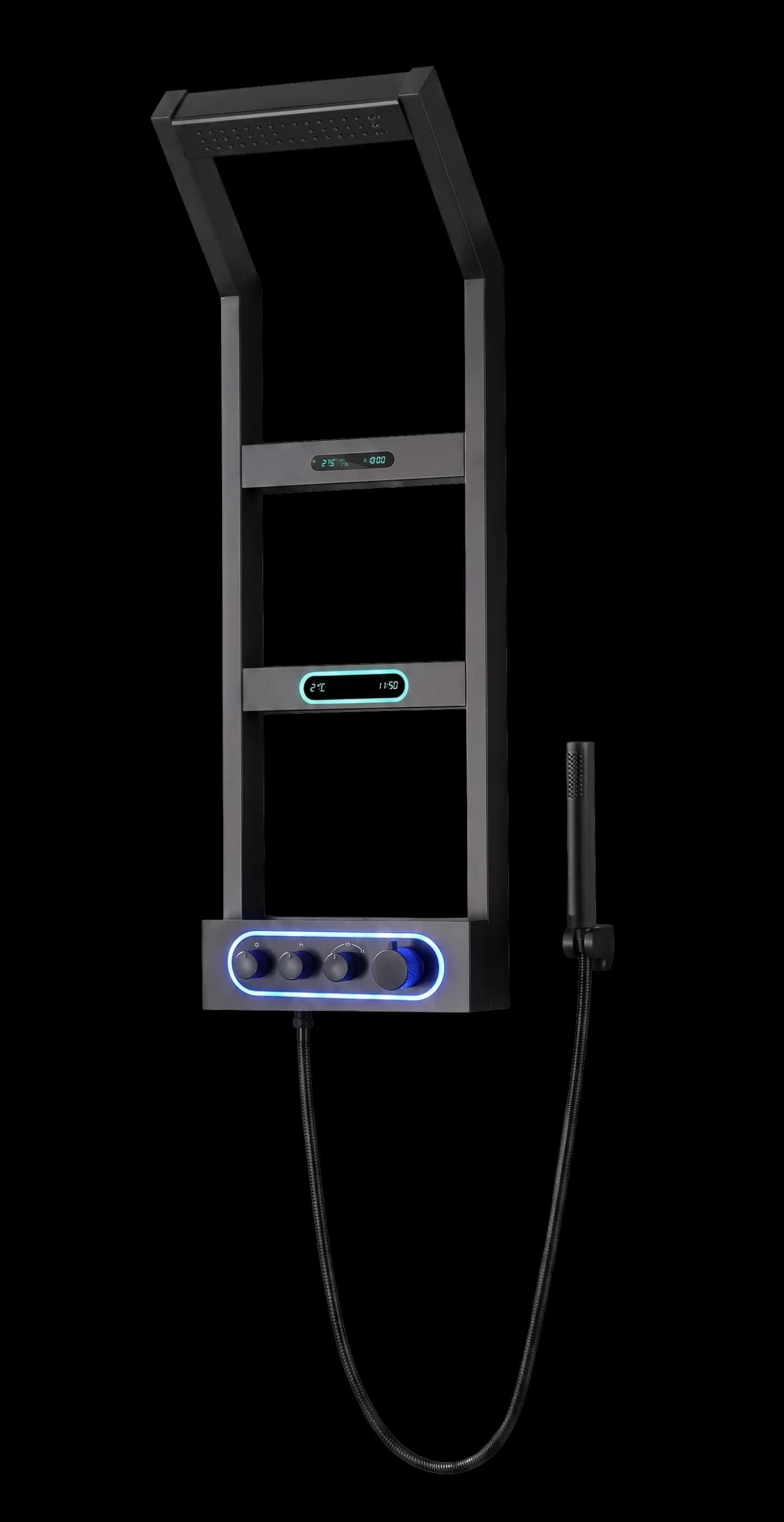 PANEL DE DUCHA ACERO INOXIDABLE SS304, 1.2MMDE ESPESOR CON DUCHASUPERIOR, 2 CHORROS DEMASAJE Y DUCHA DE MANOCON MANGUERA FLEXIBLEDE 1,5 M CON DOBLE CIERREDE SUS304 CUERPO PRINCIPAL CON LUZ LED PANTALLA LED QUE FUNCIONA CON EL FLUJODEL AGUA