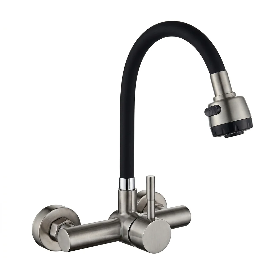 MONOCOMANDO LAVAPLATOS PARED EJE 8" CUELLO SATINADO GOURMET IBIZA CUERPO LATON