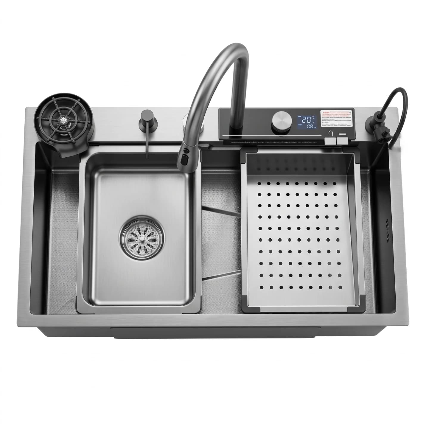FREGADERO GRAFITO ANTIRAYADURAS DE 800X460X220MM ACERO INOXIDABLE ESPESOR DE 0,8MM INCLUYE DISPENSADOR DE JABÓN, FILTRO DE AGUA, LAVA VASOS,TABLA DE CORTAR VERDURAS, MEDIDOR DE TEMPERATURA LED (ENERGIZADO CON FLUJO DEL AGUA),ESCURRIDOR METALICO, SOPAPAS Y SIFÓN