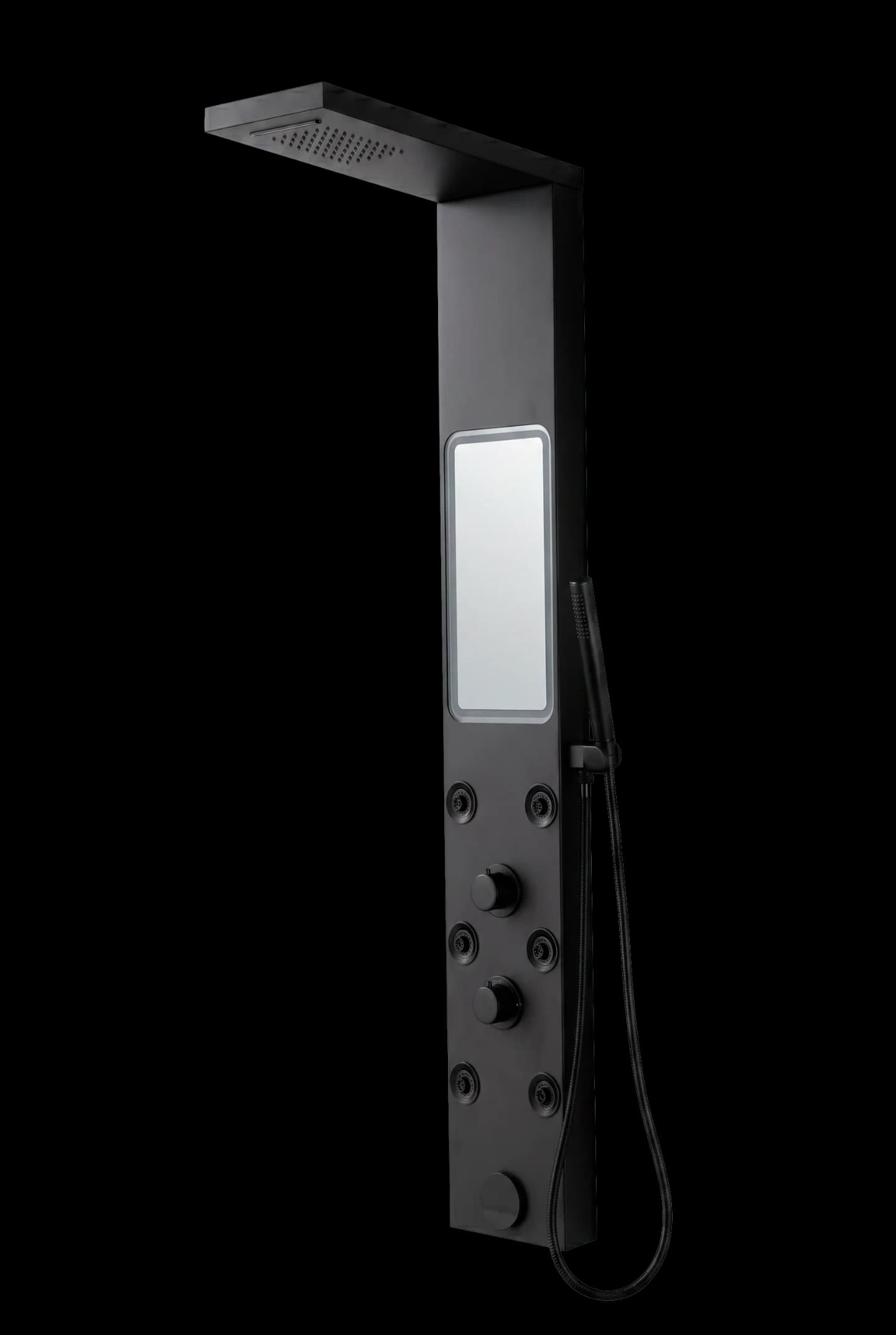 PANEL DE DUCHA ACERO INOXIDABLE 1400 X 220 MM SS304, 1.2MM DE ESPESOR CON DUCHA SUPERIOR, 2 CHORROS DE MASAJE Y DUCHA DE MANO CON MANGUERA FLEXIBLE DE 1,5 M CON DOBLE CIERRE DE SUS304 ESPEJO LED FUNCIONA CON EL FLUJO DEL AGUA